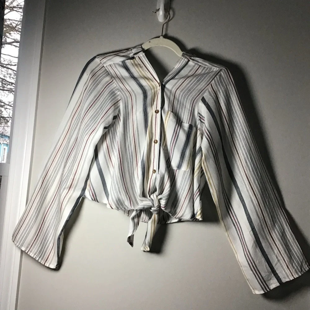 Free People multi colored stripe Tie-Front blouse Button Shirt pocket XL